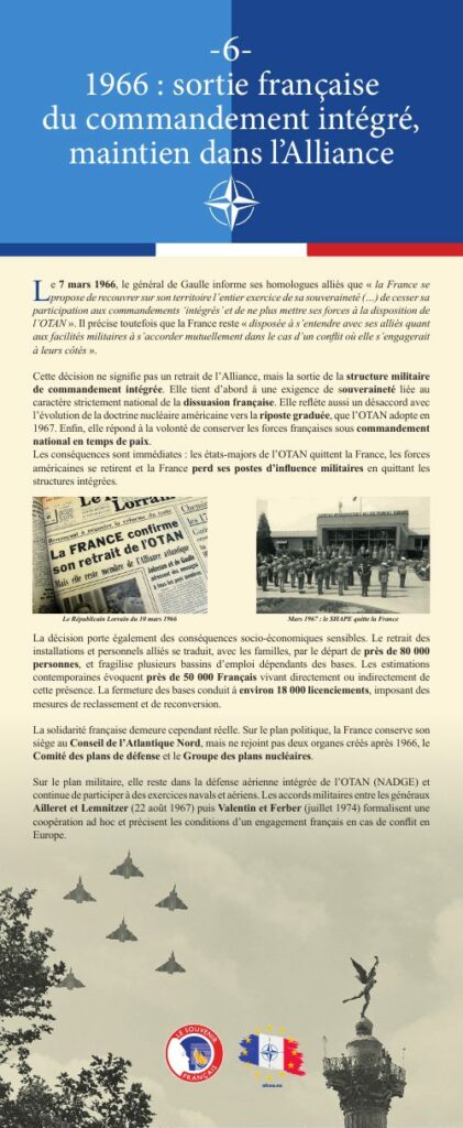 Panneau 6 de l'exposition : 1966 : sortie française du commandement intégré, maintien dans l’Alliance